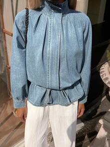 DAZY 女士立领收腰宽松休闲牛仔夹克外套 - 中等水洗藍 - 查看 1