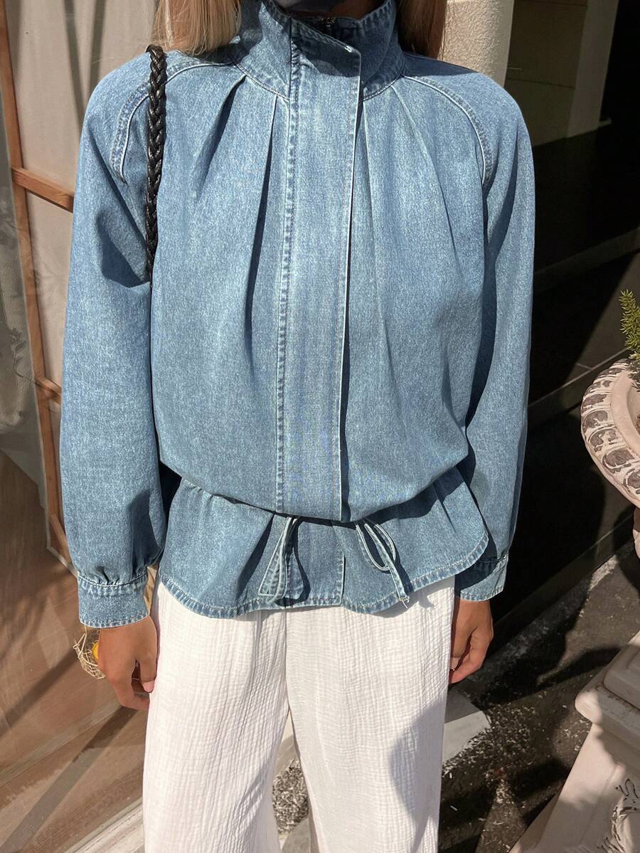 DAZY 女士立领收腰宽松休闲牛仔夹克外套 - 中等水洗藍 - 查看 1