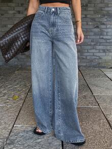 DAZY Women's Regular Waist Rhinestone Embellished Straight Loose Fit Casual Jeans Y2k - Medium Wash - View 7