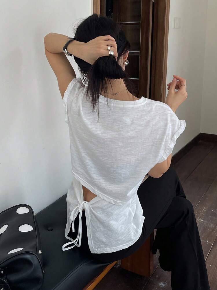 Women's Round Neck Frill Trim Short Sleeve Backless Design Tie Decor Casual T-Shirt