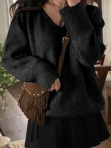 DAZY Suéter de mujer de unicolor con cuello en V, casual y versátil de manga larga, adecuado para salidas de otoño/invierno - Negro - Ver 3