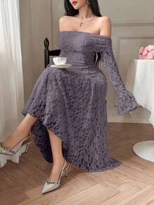 DAZY Women's Elegant Lace Off Shoulder Flare Sleeve Fishtail Dress, Spring/Summer - Bold Plum - View 6