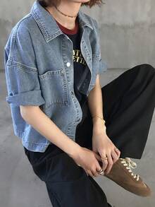 FRIFUL 女士休闲水洗纽扣贴袋宽松牛仔衬衫，夏季 - 藍色 - 查看 2