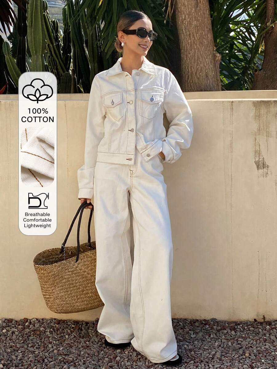DAZY Women's Casual Denim Suit - Collared Top And Pants - White - View 1