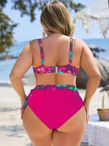 Swim Lushoire Plus Size Women 2pcs Tropical Plant Random Print Irregular Ruffle Trim Top & High Waist Triangle Bottoms Swimsuit Set, Casual & Vacation - Hot Pink - View 2