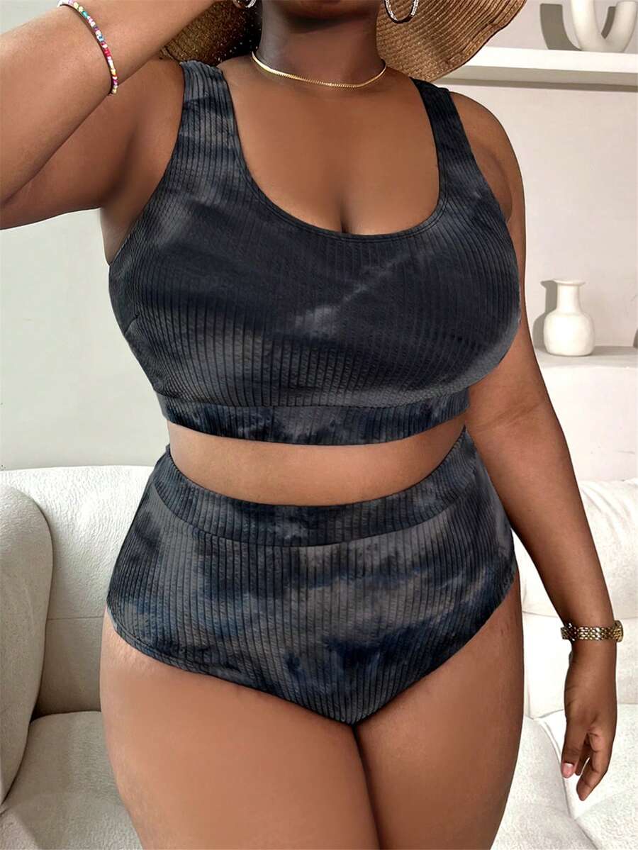 SHEIN Slayr CURVE 大码女式两件套扎染印花吊带泳衣，时尚休闲度假装 - 黑色 - 查看 1