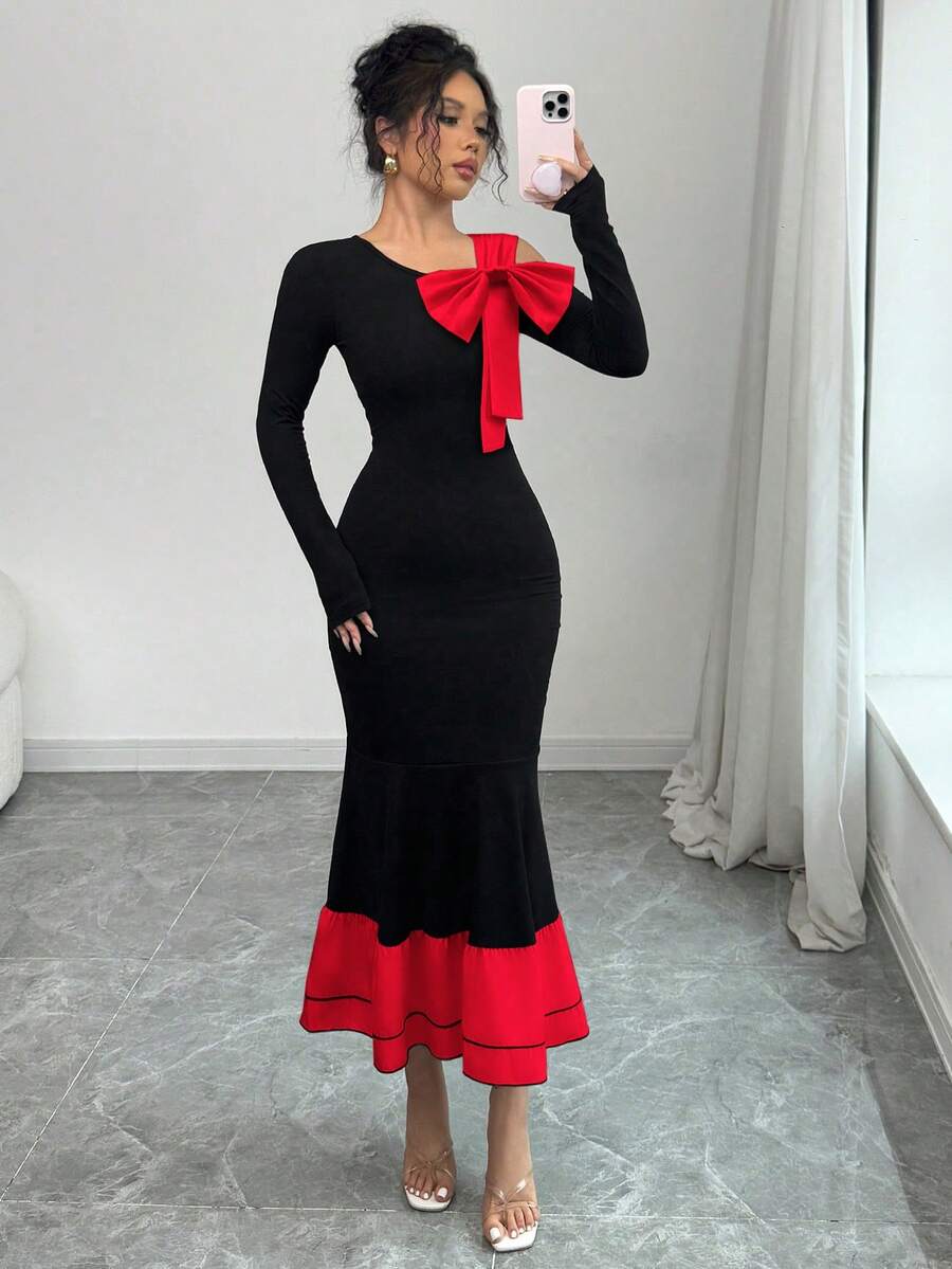 Elenzga 女士撞色蝴蝶结装饰露肩优雅收腰长袖鱼尾连衣裙，适合派对和活动 - 紅色 - 查看 1