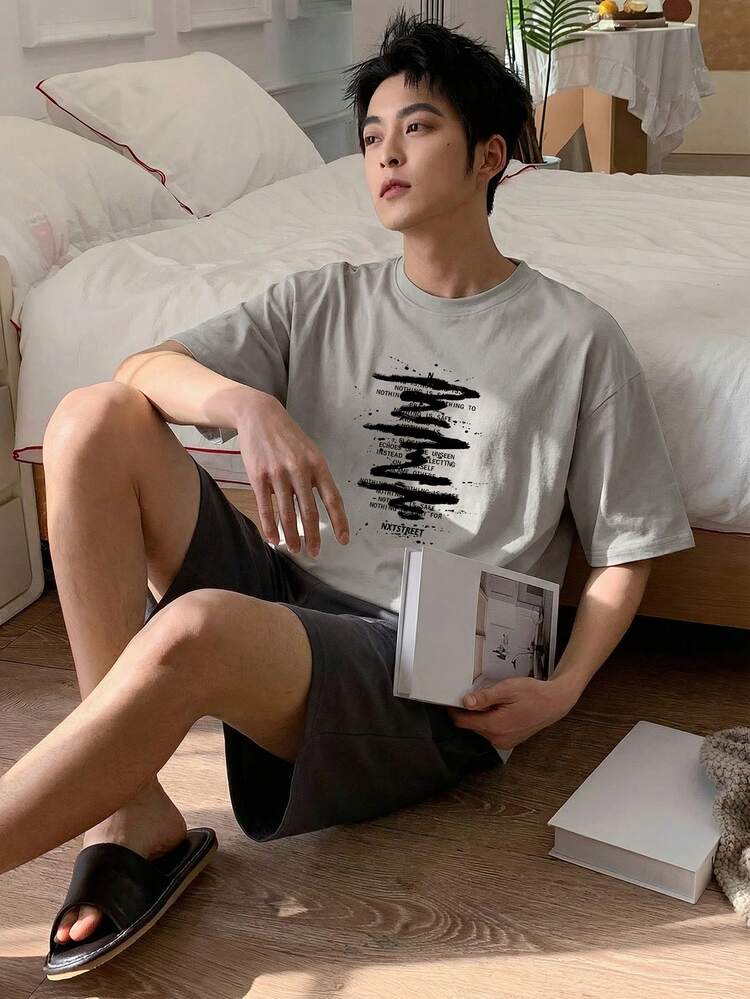 Men's Letter Print Short Sleeve T-Shirt And Shorts Pajama Set, Summer