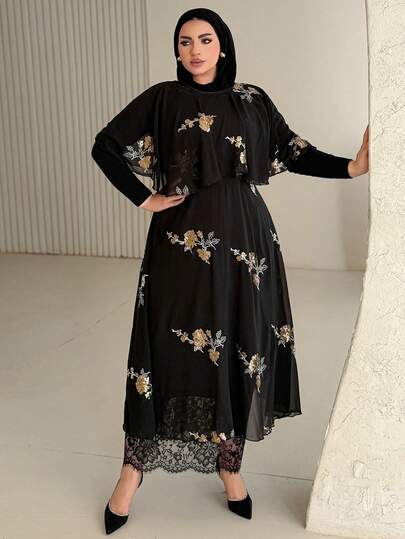 Dazy Plus Plus Size Women's Elegant Sequin Patchwork Chiffon Dress With Cinched Waist, Suitable For Banquet And Party, Spring/Summer, Black