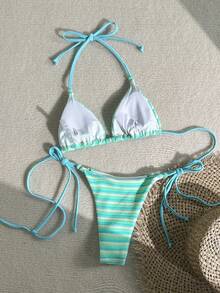 Swim Mod Letni zestaw bikini w paski z koralikami i niebieskim aqua blue na wakacje 2022, uroczy, dwuczęściowy - Wielokolorowe - Zobacz 2