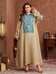 Al Najma Robe ample pour femmes grandes tailles, couleur unie, patchwork floral, manches longues, poignets ornés de perles, style décontracté, printemps/automne - Multicolore - Voir 3