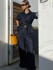 Livesso Bộ đồ công sở dáng rộng, thoải mái, thời trang xuân/thu, gồm áo sơ mi dài tay thiết kế thắt eo và quần ống đứng/quần jeans, gồm 2 mảnh dành cho nữ. - Rửa tối - Xem 3