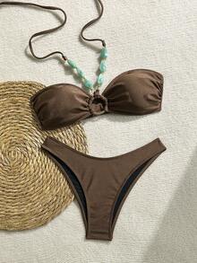 Swim Chiccia Solid Color Wireless Decor Halter Crop Top And Swim Shorts Women 2-Piece Swimwear Set, Spring/Summer Beach Holiday Bikini Set Strapless Brown Bathing Suit Women - Brown - View 3