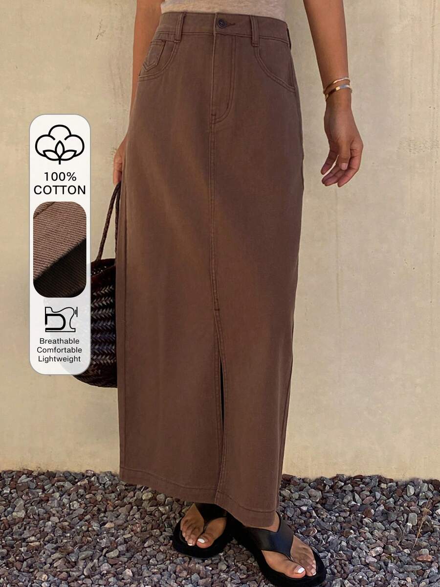 DAZY 女士休闲水洗牛仔A字裙，春夏款 - 咖啡棕 - 查看 1