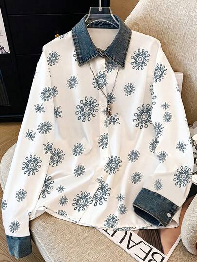 Resyla Plus size damesblouse met all-over print en lange mouwen, casual met knoopsluiting voor de herfst.