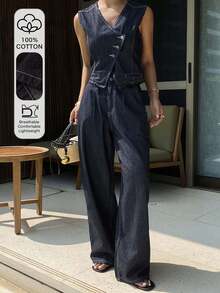 Livesso 2pcs/Set Women Sleeveless V-Neck Cinched Waist Top And Casual Pants - Blue - View 1