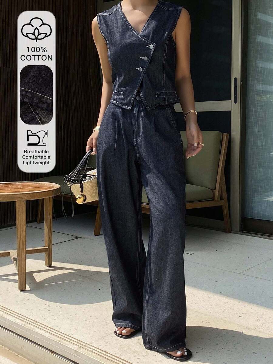 Livesso 2pcs/Set Women Sleeveless V-Neck Cinched Waist Top And Casual Pants - Blue - View 1