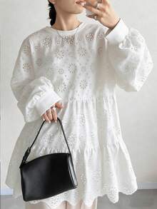 FRIFUL Women's Round Neck Burnout Embroidery Ruffle Splice Fashion Lantern Sleeve Long T-Shirt - White - View 2