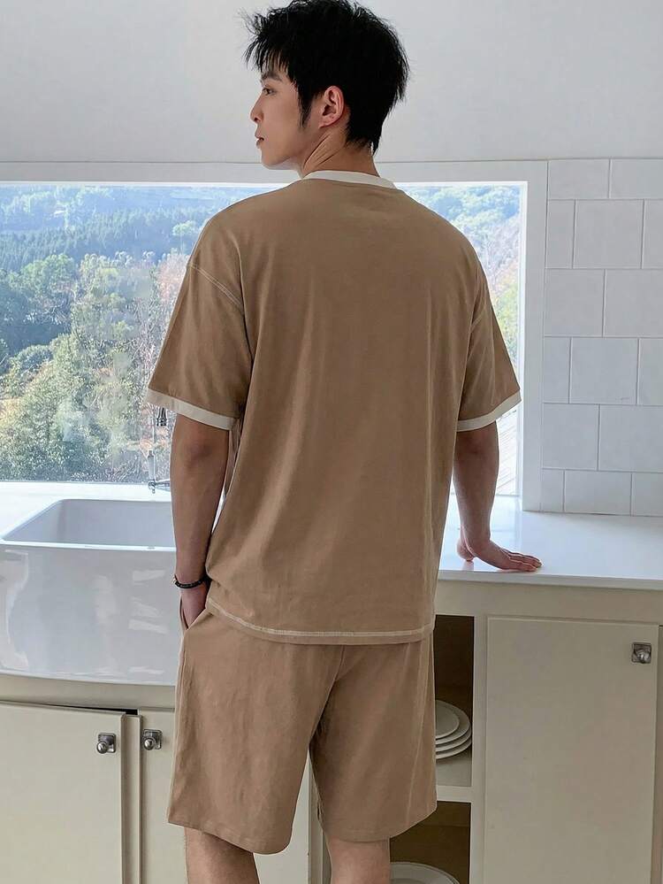 Men's Letter Print Brown Short Sleeve T-Shirt And Shorts Pajama Set, Summer