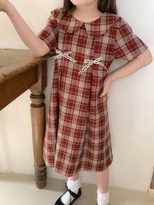 Dazy Kids 少女彼得潘领格子蝴蝶结装饰复古法式度假连衣裙 - 紅色 - 查看 7