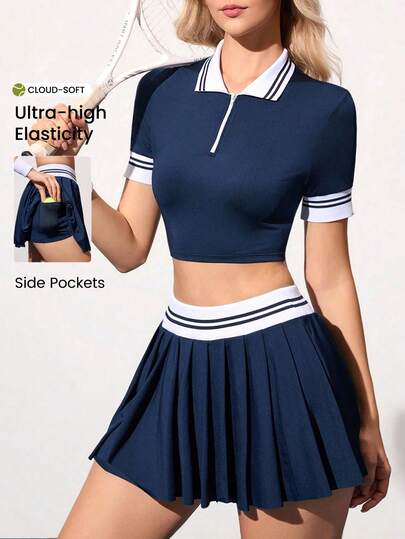 CourtClass Women's Striped Zip-Up Half Placket Short Sleeve Cropped T-Shirt And Pleated Skirt Pants Sports Suit