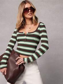 Hauture Women's Square Neck Long Sleeve Casual Striped Short T-Shirt, Comfortable For Summer - Multicolor - View 5