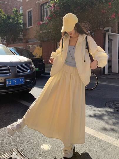 DAZY 春夏宽松休闲时尚连帽外套，百褶A字裙两件套，轻便户外街头风女装