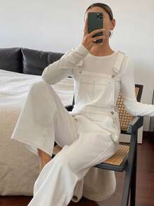 Livesso Peto vaquero de pierna ancha de unicolor y bolsillos para mujer - Blanco - Ver 6