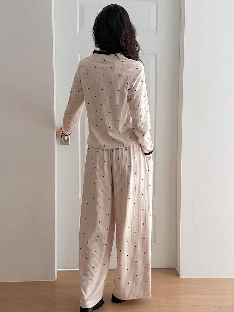 Contrast Color Lace Patchwork Polka Dot Print Women Pajama Set