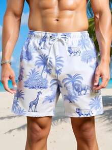 CoralVoy 男士夏季度假风动物热带印花抽绳腰带沙滩短裤 男士沙滩装 男士泳裤 蓝白泳裤 男士棕榈树泳裤 男士泳装度假 - 彩色 - 查看 4