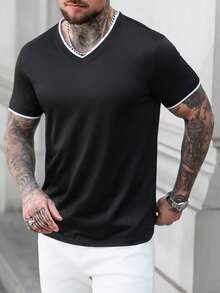 Manfinity CasualCool 男士V领休闲百搭日常短袖T恤 - 黑色 - 查看 3