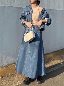 FRIFUL 女士秋季落肩长袖单排扣牛仔夹克和牛仔迷你裙休闲套装 - 藍色 - 查看 7