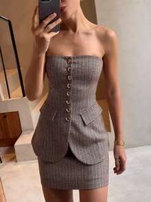 Siren Gaze 新款女士条纹抹胸上衣和迷你裙套装，优雅女士两件套，适合通勤 - 棕色 - 查看 9