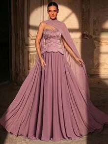 Glamrae 优雅奢华的串珠钻石泡泡针织拼接雪纺吊带长裙，适合婚礼、活动、派对、度假、盛会、正式场合。 - 粉色 - 查看 2