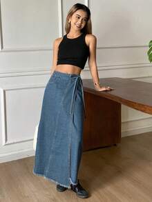 DAZY 女士侧裹式系带休闲牛仔不对称设计半身裙 - 中等水洗藍 - 查看 5