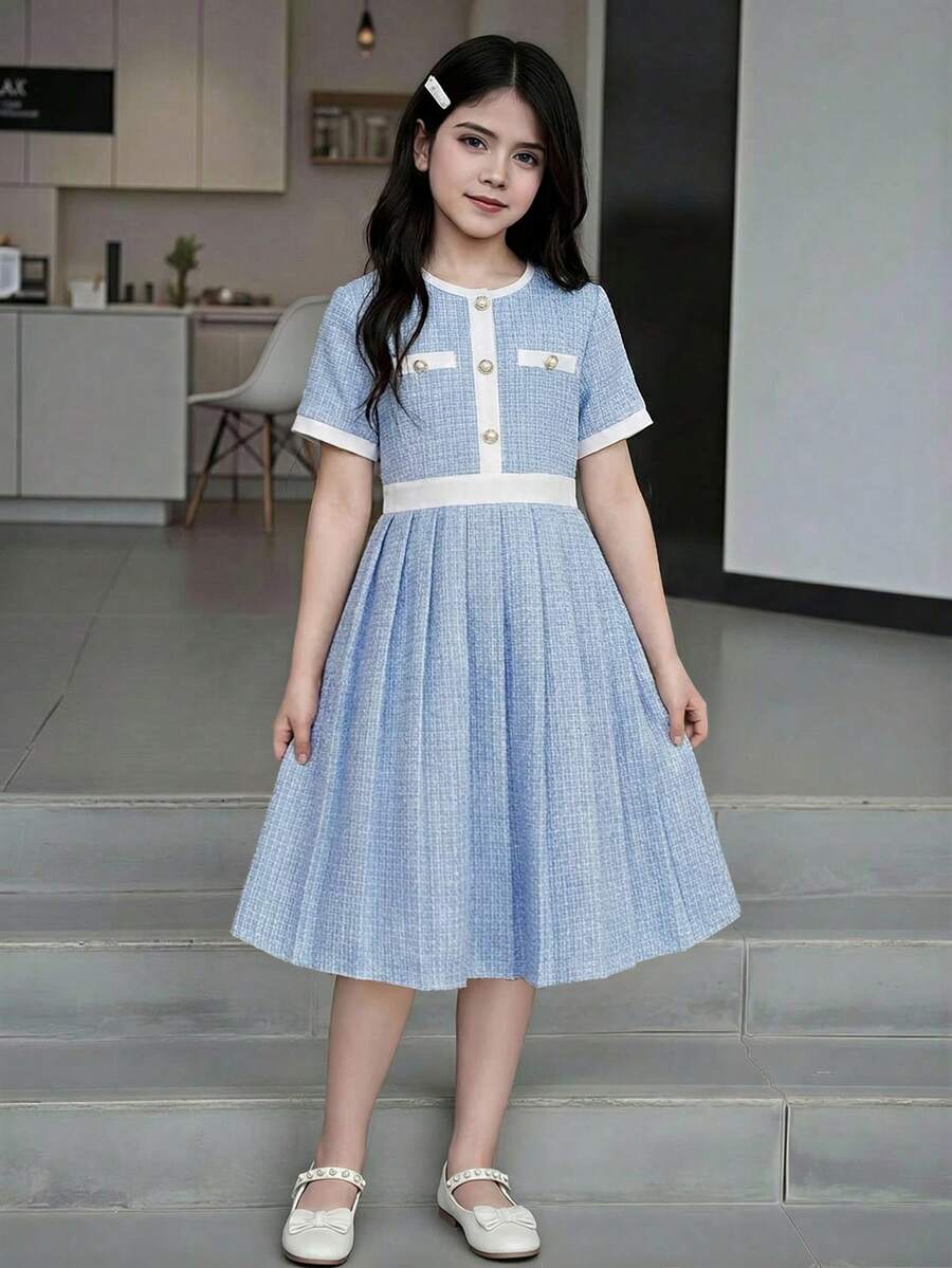 Elladie kids 女童蓝白拼接腰部褶皱下摆圆领短袖休闲优雅连衣裙，适合夏季、度假和日常穿着。 - 藍色 - 查看 1