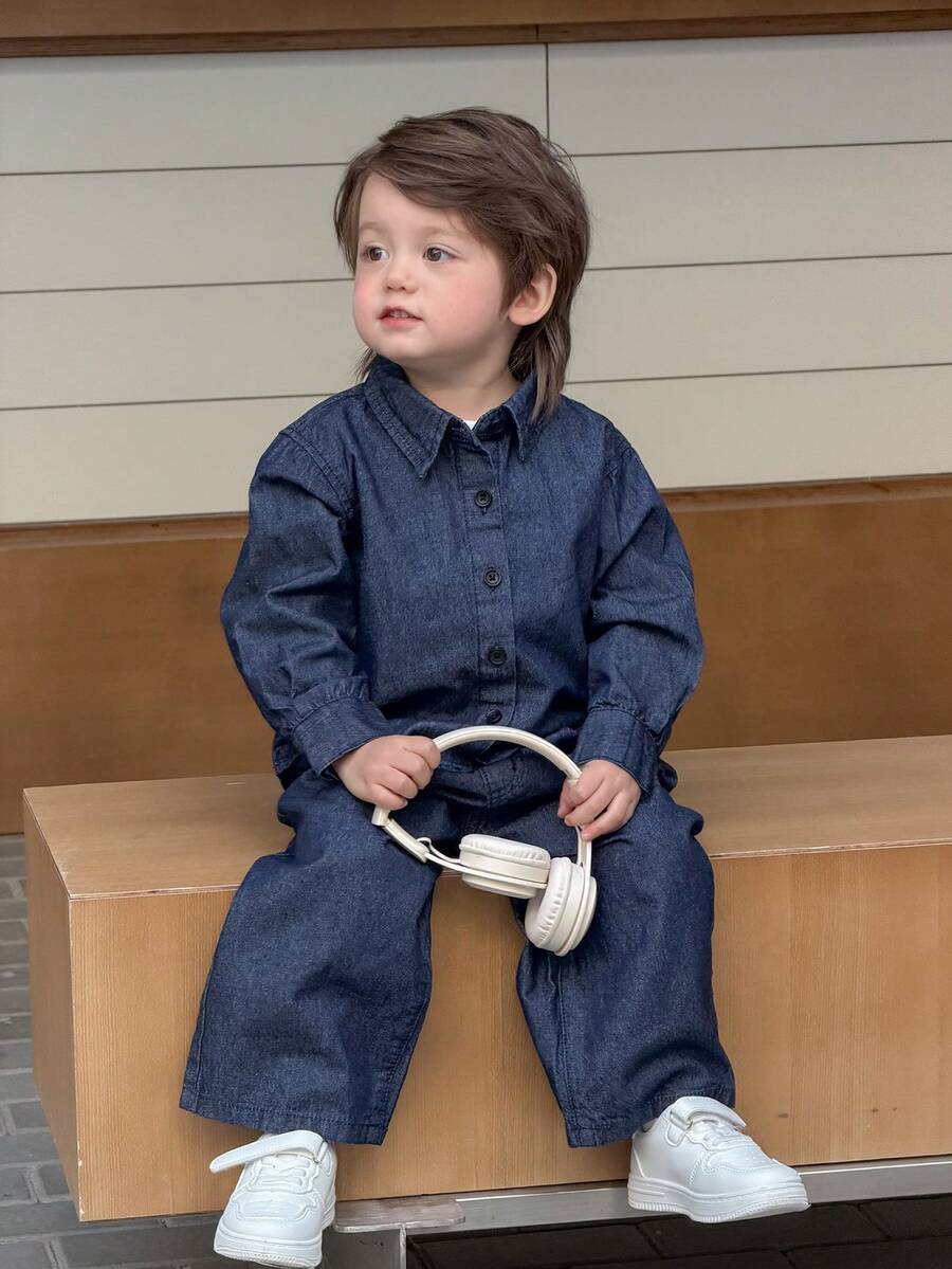 DAZY Toddler Boys' Retro Casual Washed Denim Shirt Collar - Dark Wash - View 1