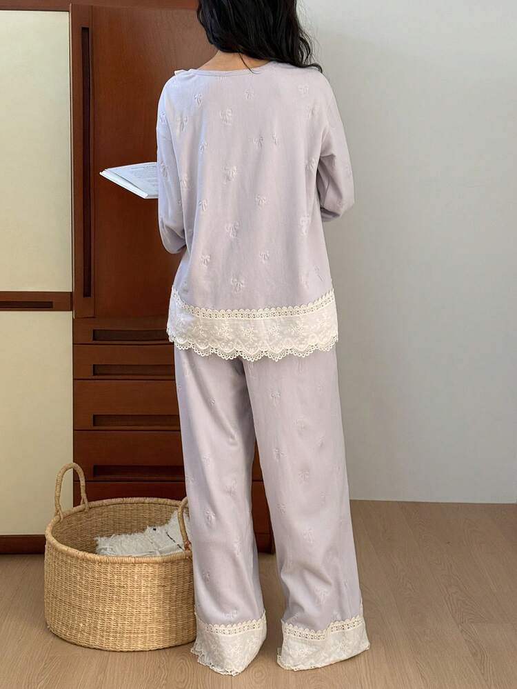 Spring Sweet Brushed Fabric Bow Decor Embroidery Ruffle Patchwork Women Pajama Set