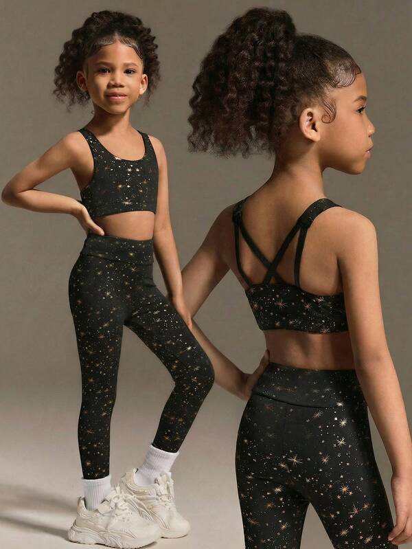 SHEIN 2pcs/Set Young Girls Active Top & Leggings Set, Black High Stretch Fitness Tank Top And Tight Yoga Pants With Shiny Gold Starry Pattern, Suitable For Workout, Outdoor Walking, Jogging