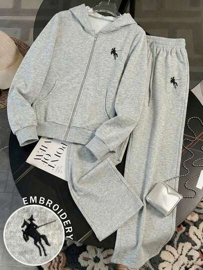 Resyla 女士休闲运动马匹刺绣拉链连帽衫和抽绳阔腿裤两件套，春秋季