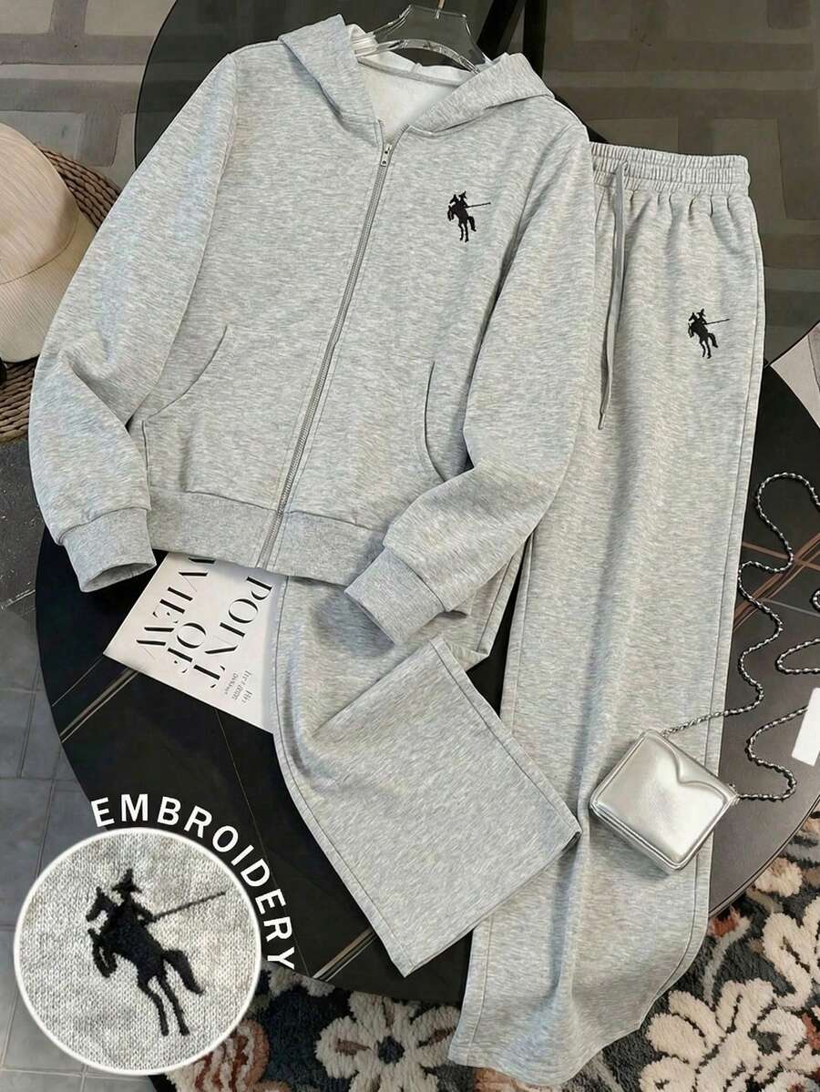 Resyla Bộ 2 món áo hoodie thể thao thêu hình ngựa có khóa kéo và quần ống rộng cạp rút cho nữ, Xuân/Thu - Xám - Xem 1