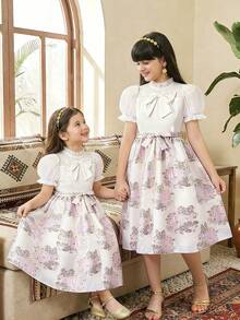 SHEIN 2pcs/Set Tween GirlsPullover Top & Organza Jacquard A-Line Skirt - Purple - View 3