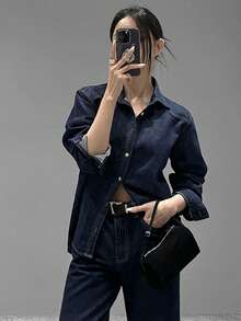 DAZY Loose Long Sleeve Stylish Fashionable Retro Denim Blouse For Women - Dark Wash - View 8