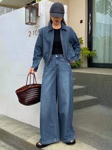 DAZY Women's Denim Jacket With Collar & Zipper And Loose Straight-Leg Jeans Casual Suit - Medium Wash - View 3