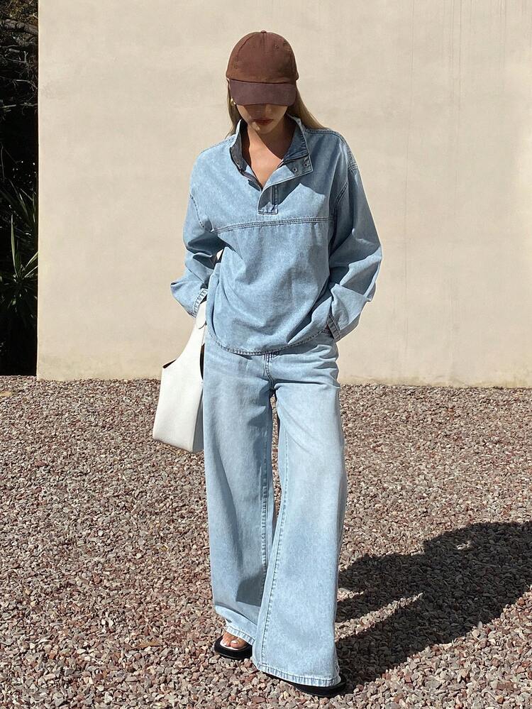 Women's Casual Denim Set: Loose Mandarin Collar Half-Zip Denim Top And Straight-Leg Denim Pants