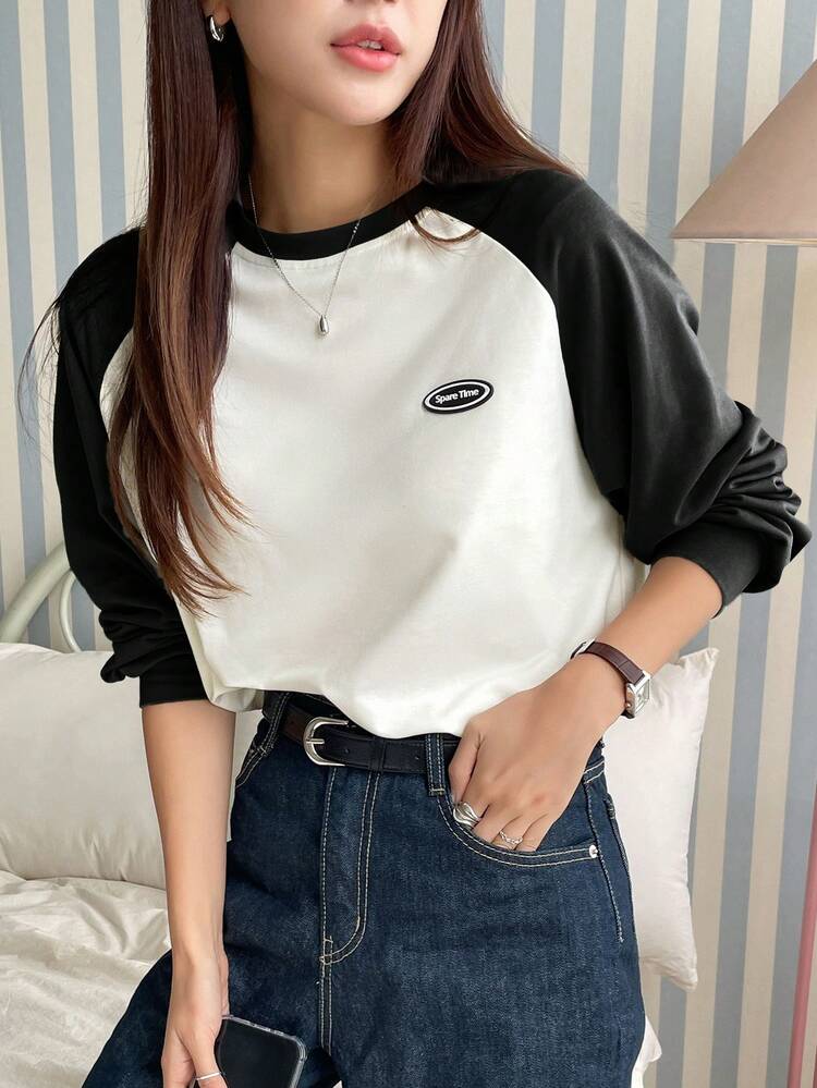 Letter Patched Colorblock Raglan Sleeve Tee,Fall Clothes,Back To School Clothes Long Sleeve Women Tops