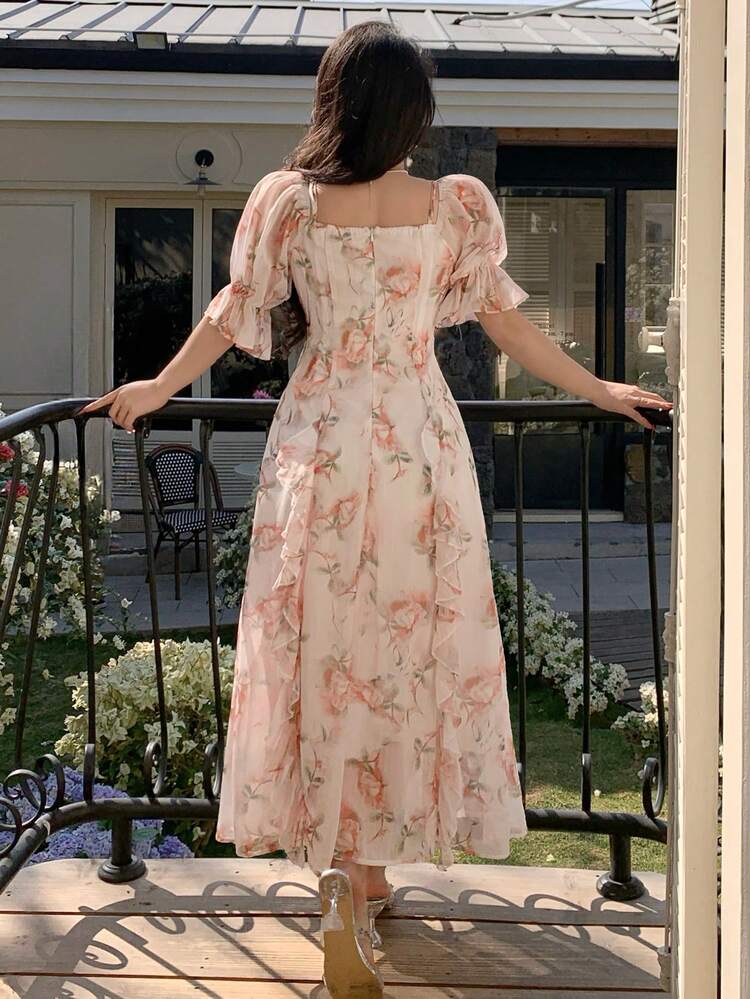 Pink Square Neck Ruffle Waist Elegant Ditsy Floral Midi Dress For Party Wedding Guest Sundress Boho