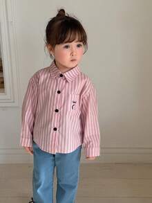 DAZY 女婴/幼儿翻领条纹韩版蝴蝶结印花长袖衬衫 - 粉色 - 查看 3