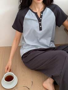 DAZY Casual Contrast Color Raglan Sleeve Loose Women's Pajama Set - Blue - View 3