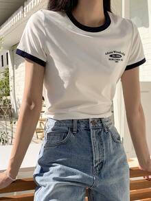 DAZY 標語圖形對比邊條t恤 - 白色 - 查看 10